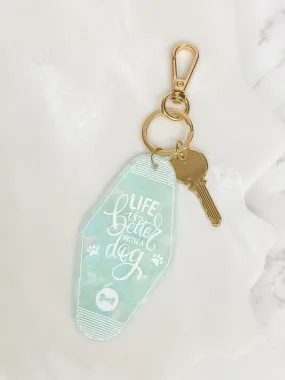 'Life Is Better With A Dog' Retro Motel Keychain - Mint