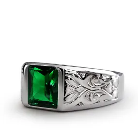 Male Vintage Ring with Green Emerald Stone in Solid 10K White Gold