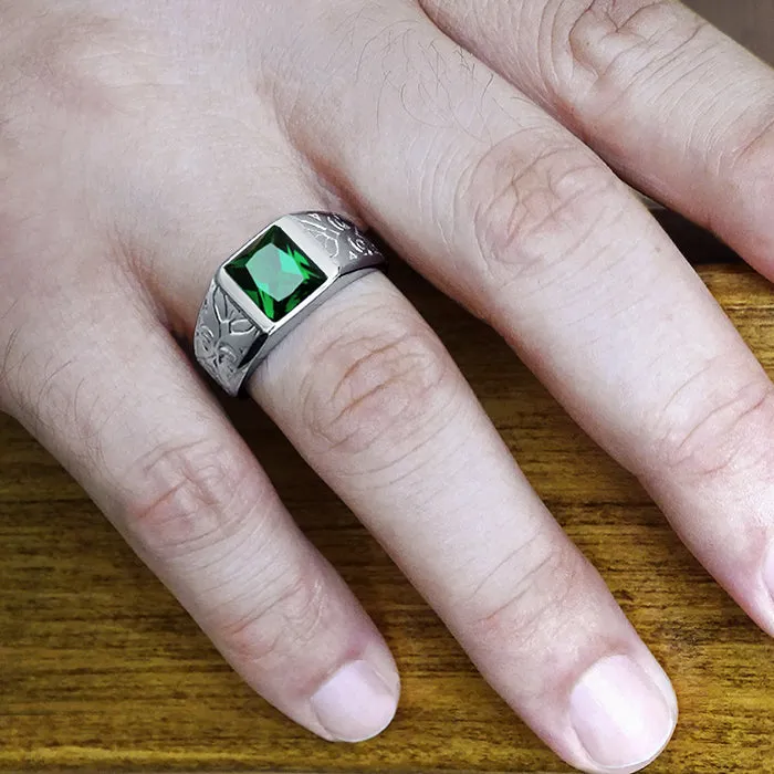 Male Vintage Ring with Green Emerald Stone in Solid 10K White Gold