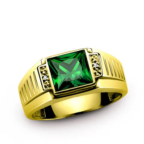 Men's 14K Solid Yellow Fine Gold With Emerald And Diamond Accents Gemstone Ring