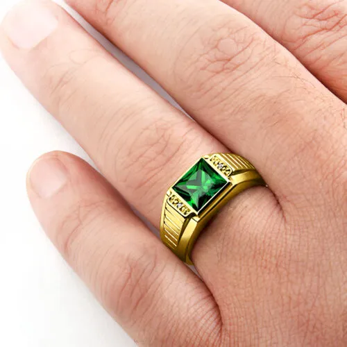 Men's 14K Solid Yellow Fine Gold With Emerald And Diamond Accents Gemstone Ring