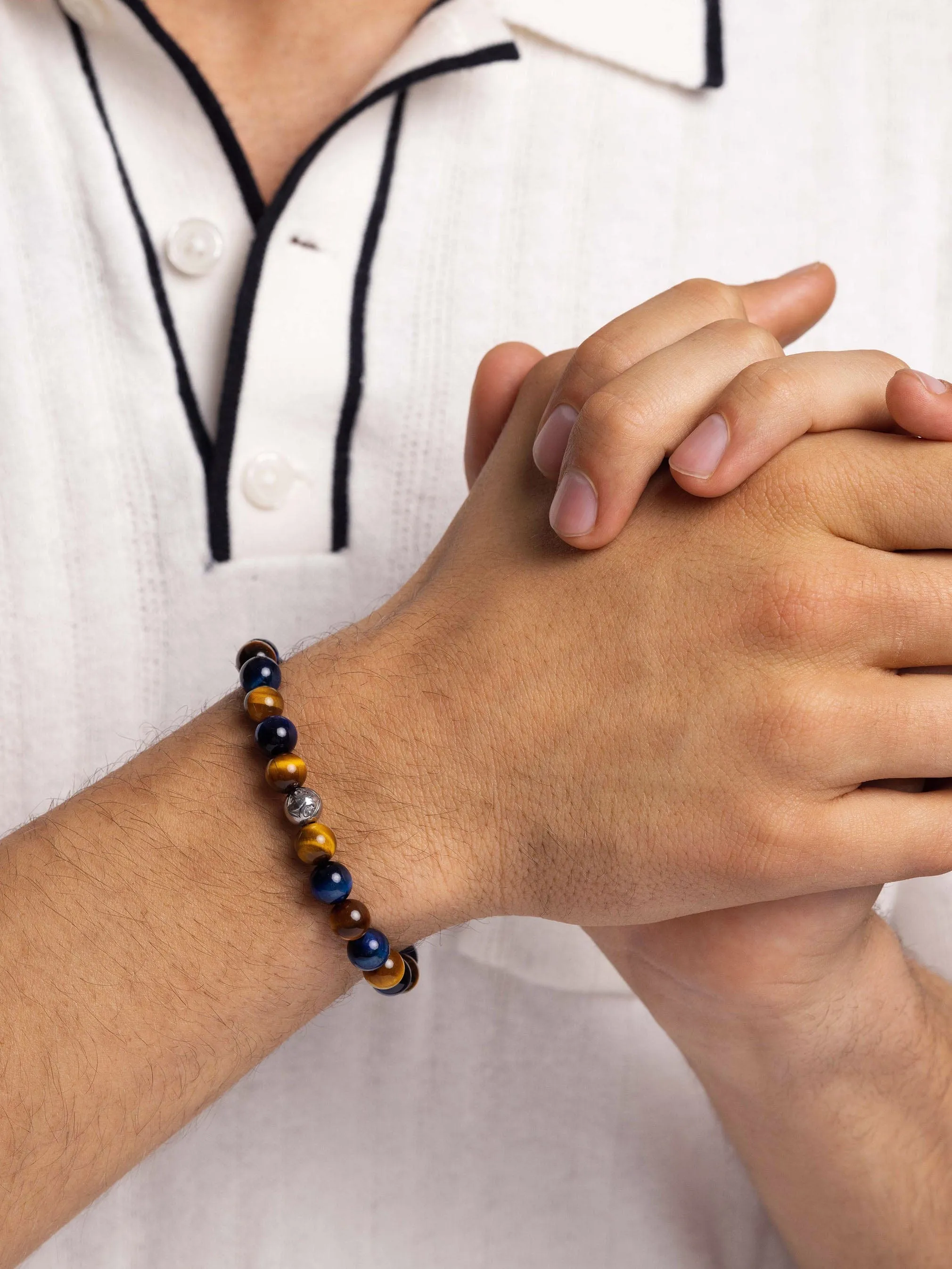 Men's Wristband with Blue Tiger Eye, Brown Tiger Eye and Silver