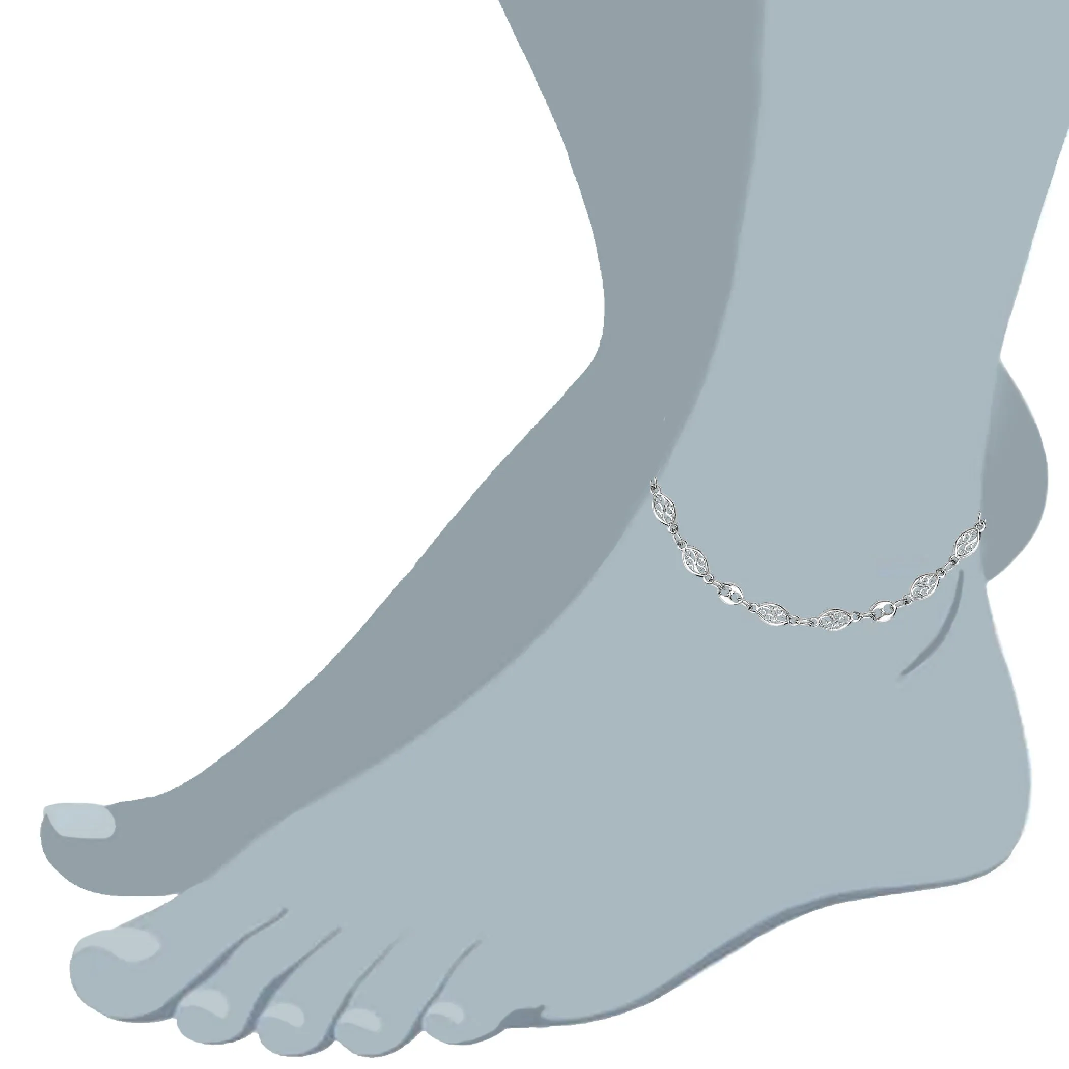 Mixed Filigree And Mariner Link Chain Anklet In Sterling Silver