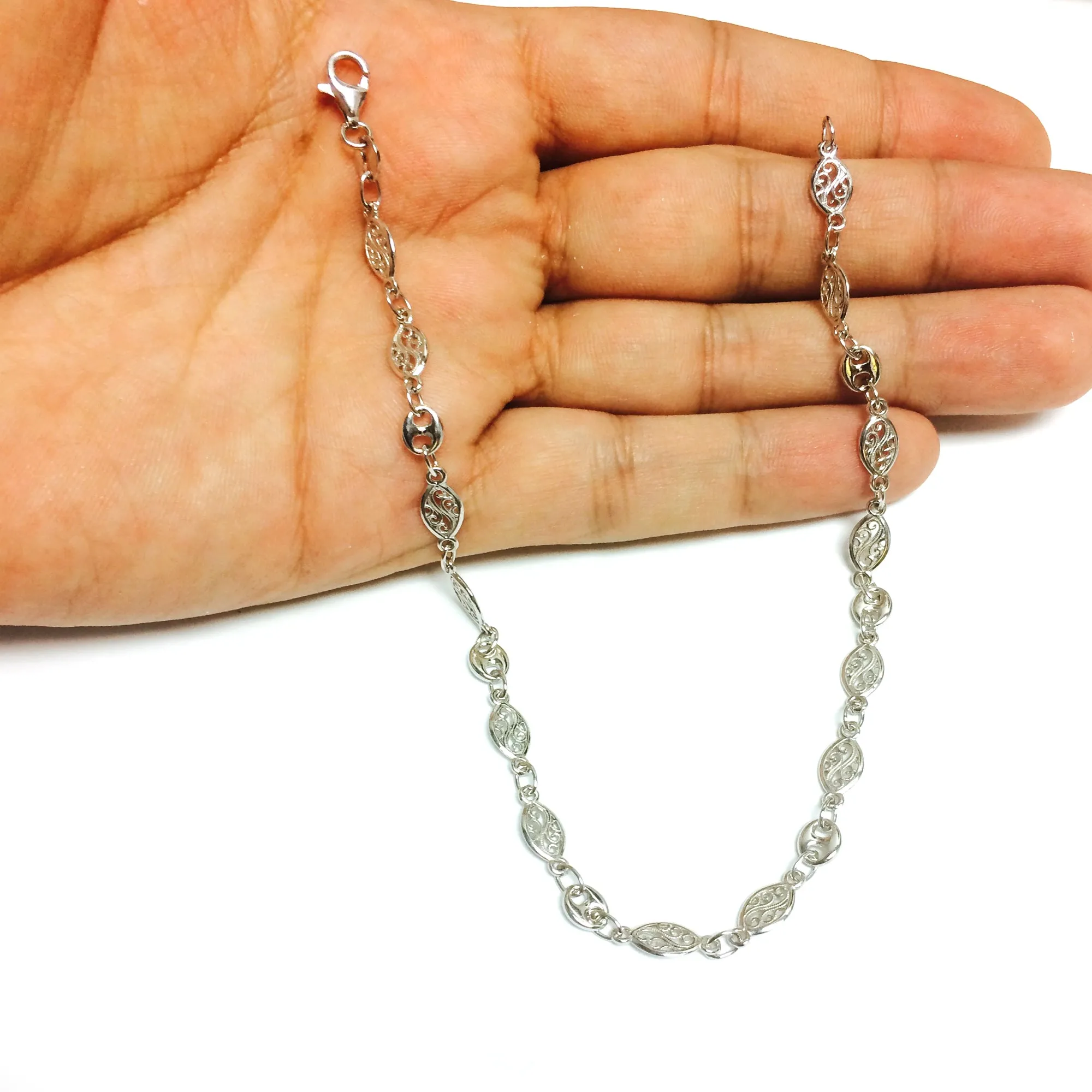 Mixed Filigree And Mariner Link Chain Anklet In Sterling Silver