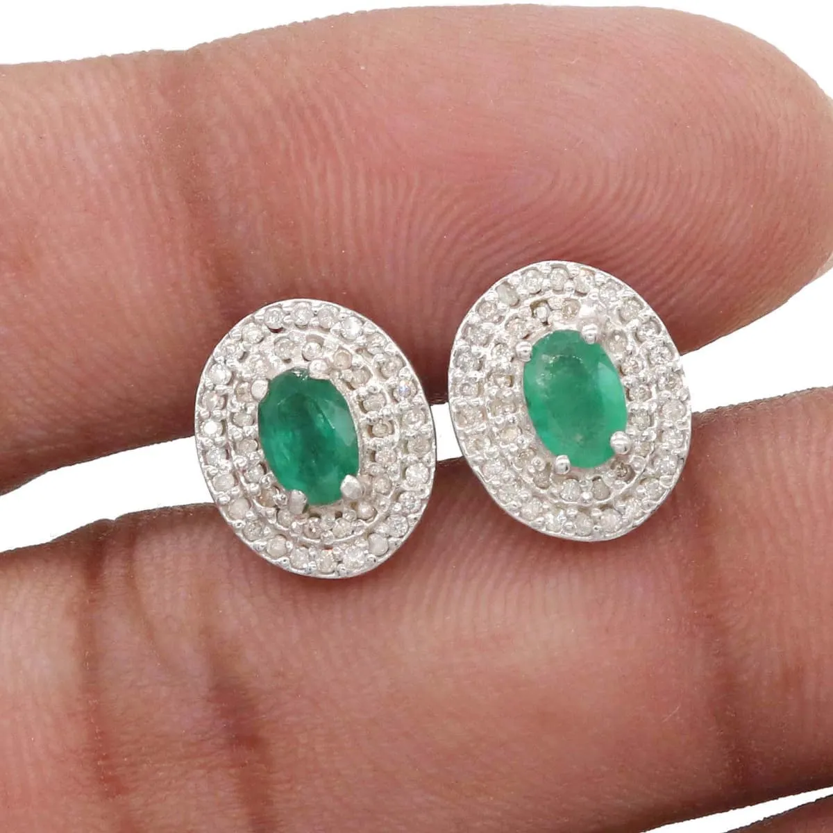 Natural & Real Diamond Natural Emerald Handmade 925 Solid Sterling Silver Stud Earrings Wedding Jewellery