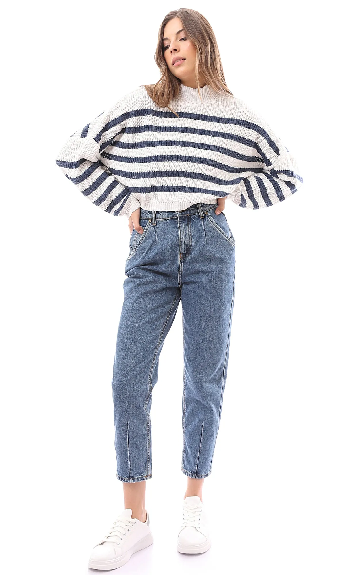 O169841 Chunky Knit With Stripes Navy Blue & Off-White Pullover