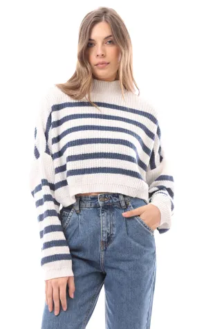 O169841 Chunky Knit With Stripes Navy Blue & Off-White Pullover