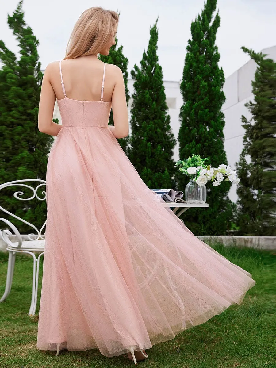 Pleated Lace Pearl Waist High Slit Bridesmaid Dress with V-Neck