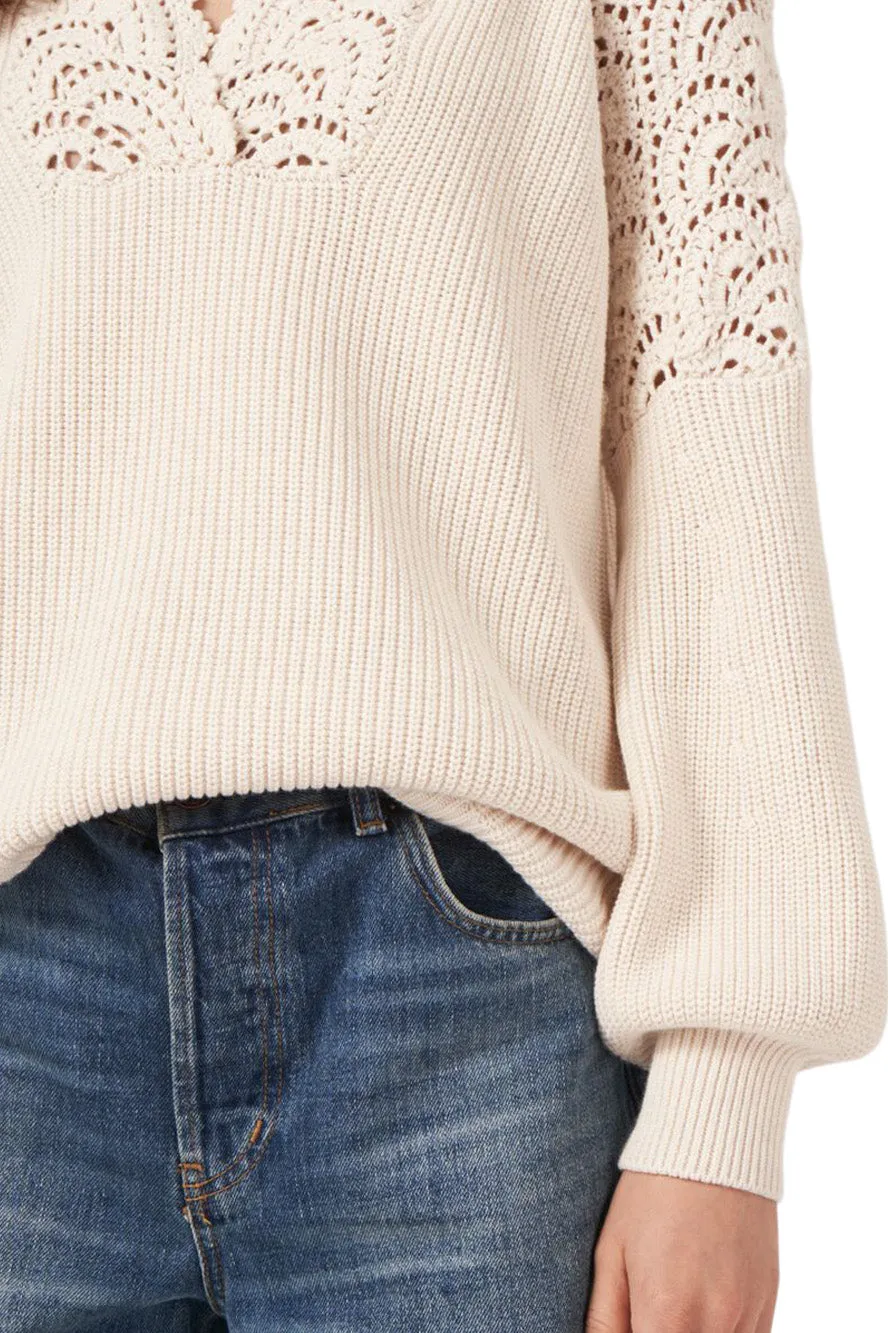 Repeat Cashmere Split Neck Cotton Sweater with Crochet Details in Ivory