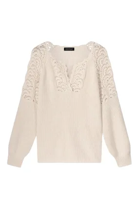 Repeat Cashmere Split Neck Cotton Sweater with Crochet Details in Ivory