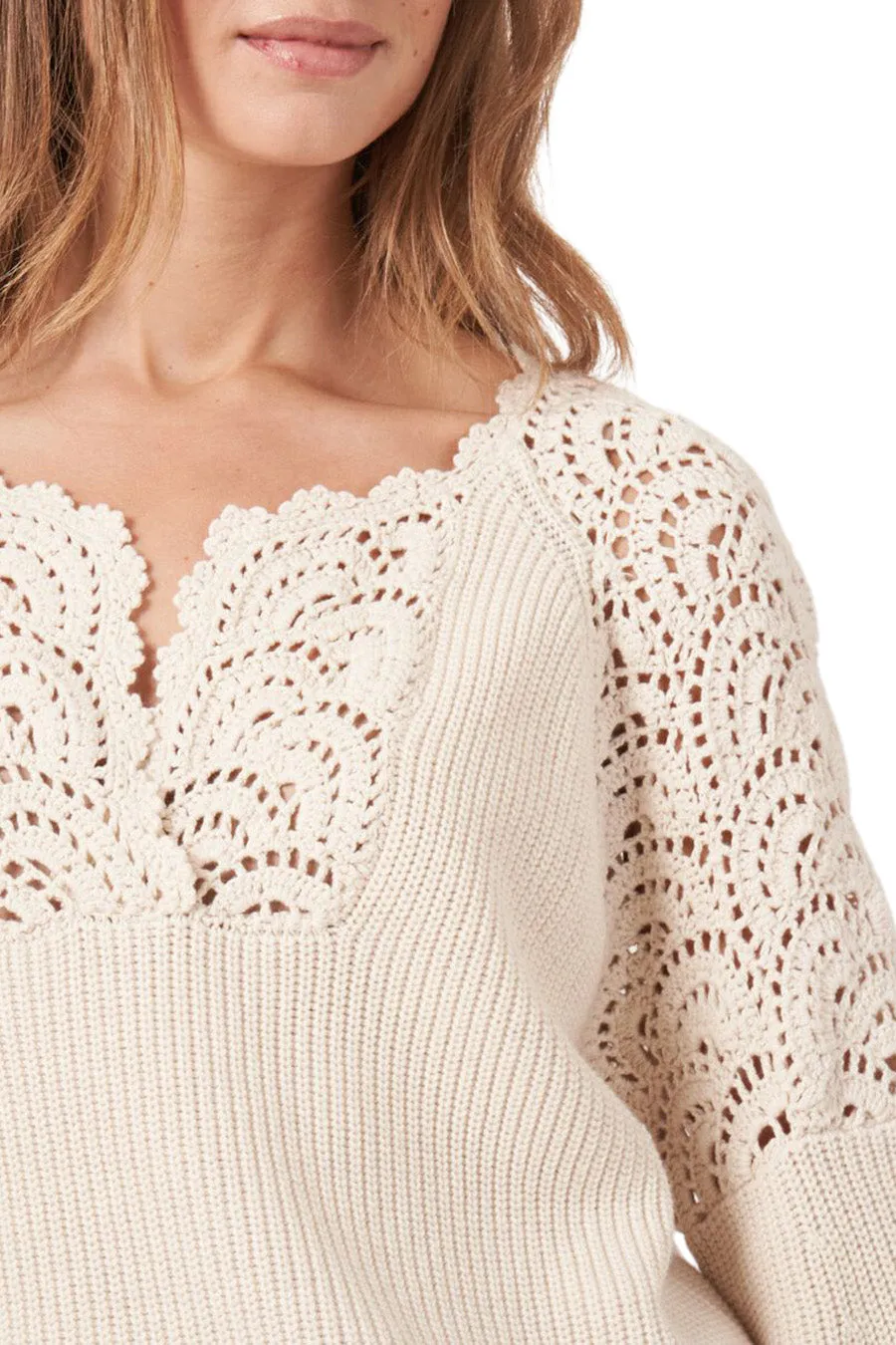 Repeat Cashmere Split Neck Cotton Sweater with Crochet Details in Ivory