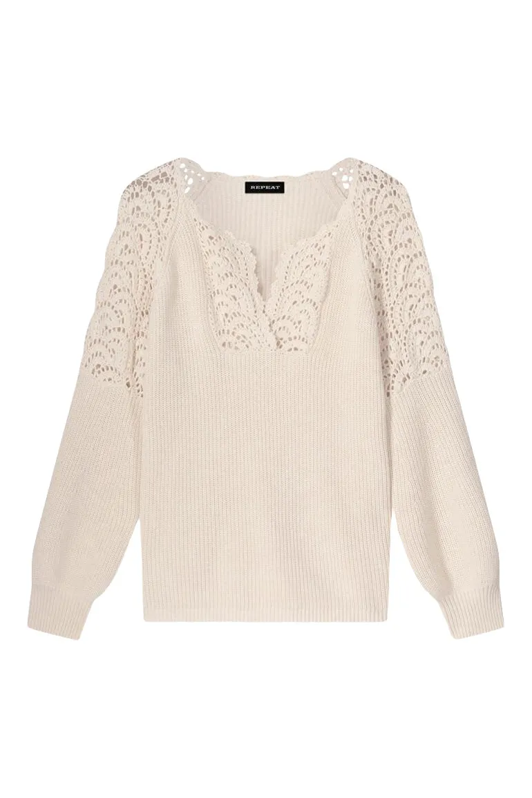 Repeat Cashmere Split Neck Cotton Sweater with Crochet Details in Ivory