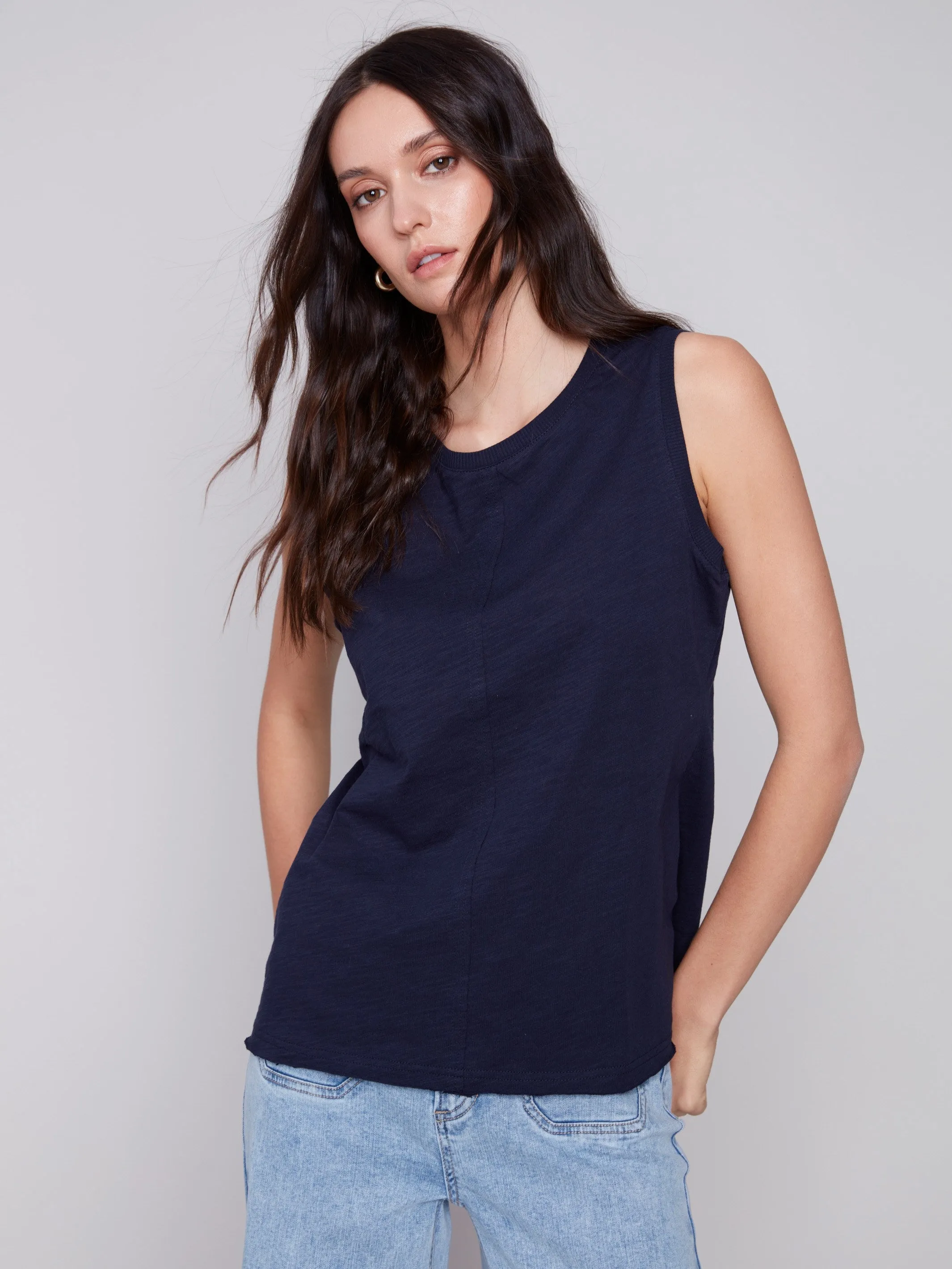 Sleeveless Organic Cotton Slub Knit Top - Navy