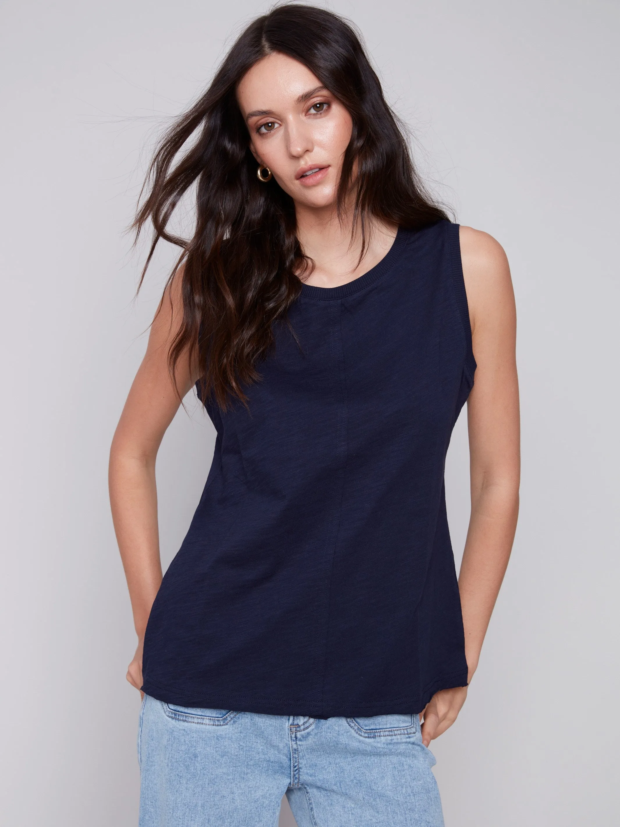 Sleeveless Organic Cotton Slub Knit Top - Navy