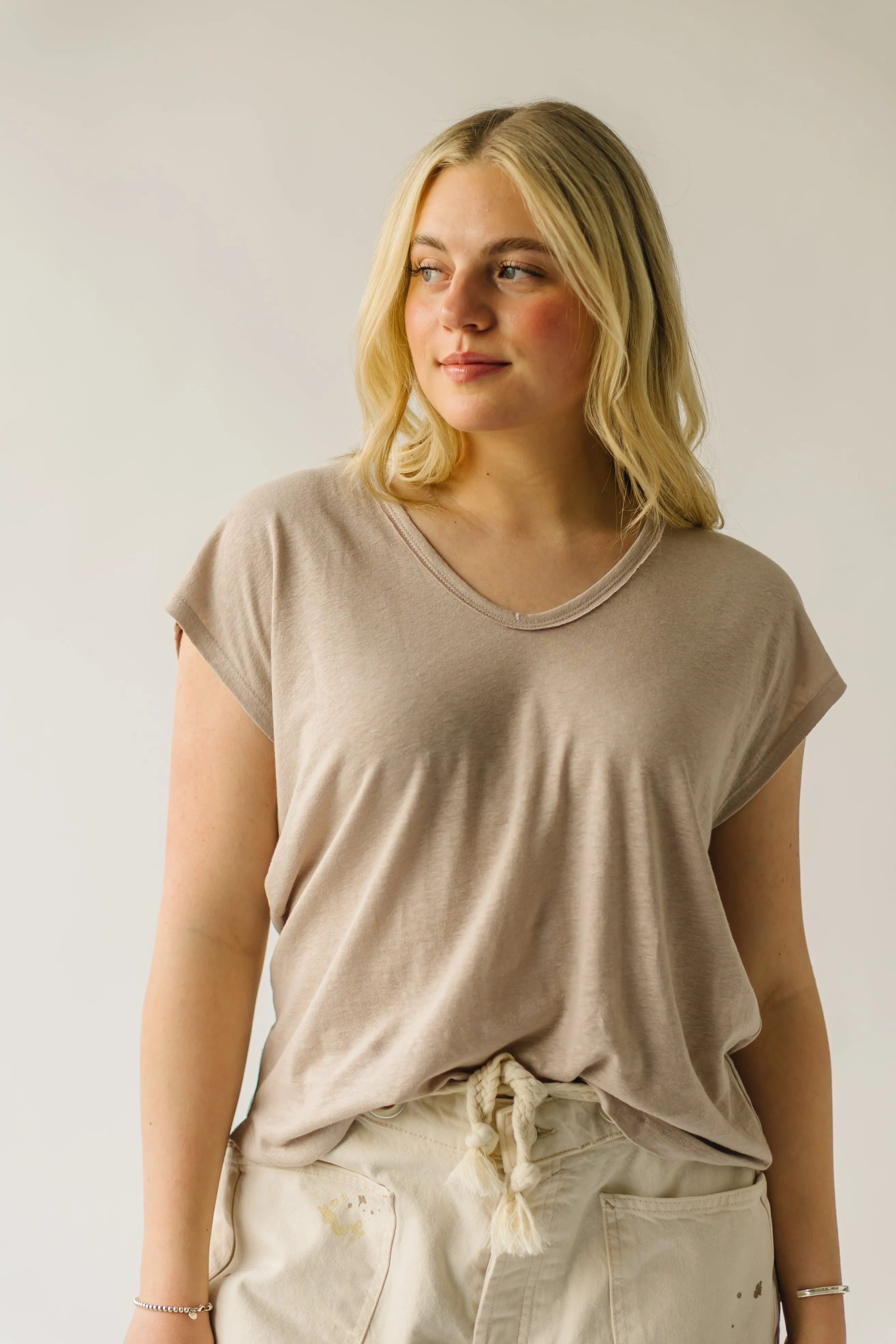 The Garver V-Neck Linen Tee in Khaki