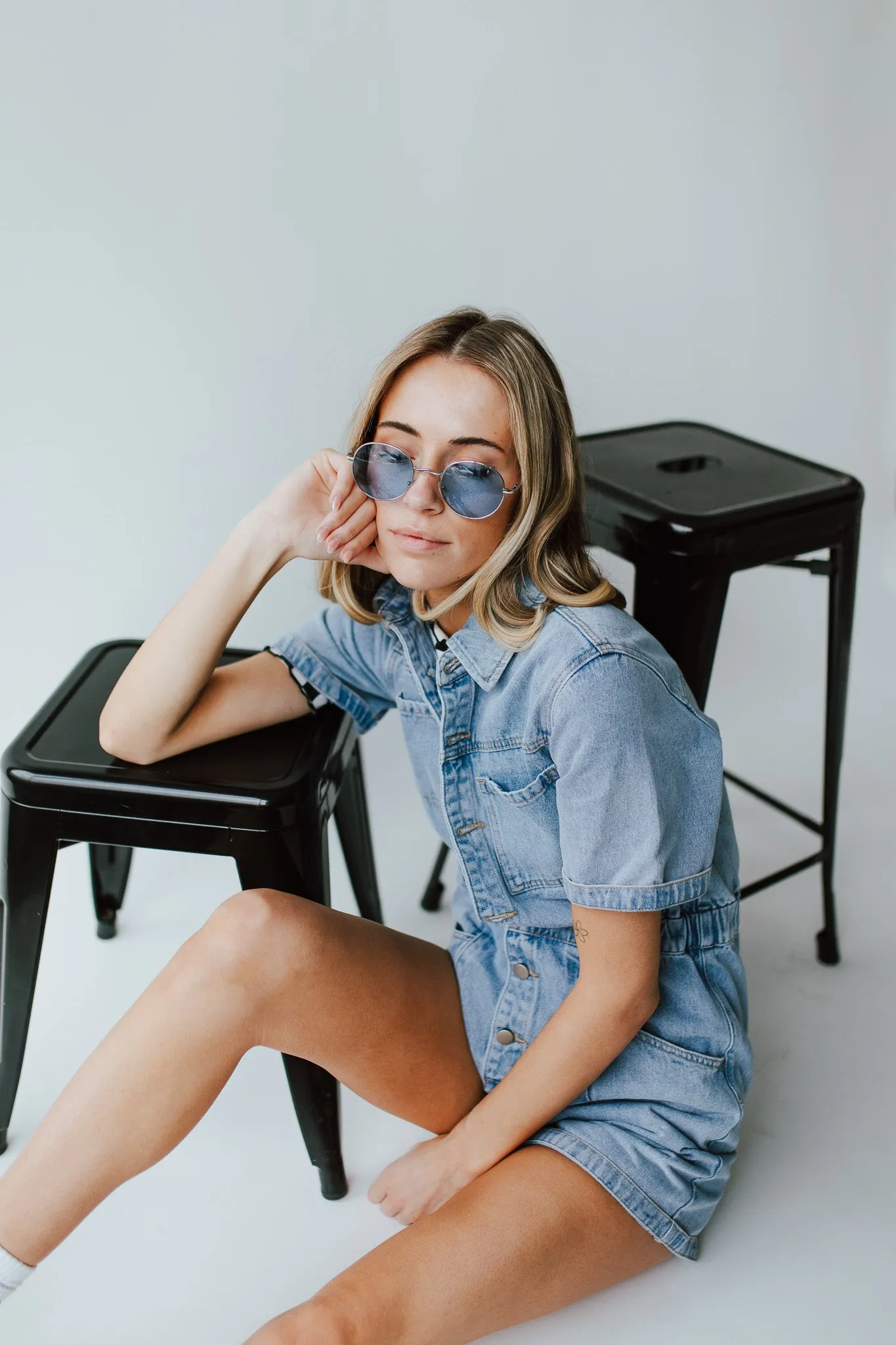 The Oxland Button Up Shorts Romper in Denim