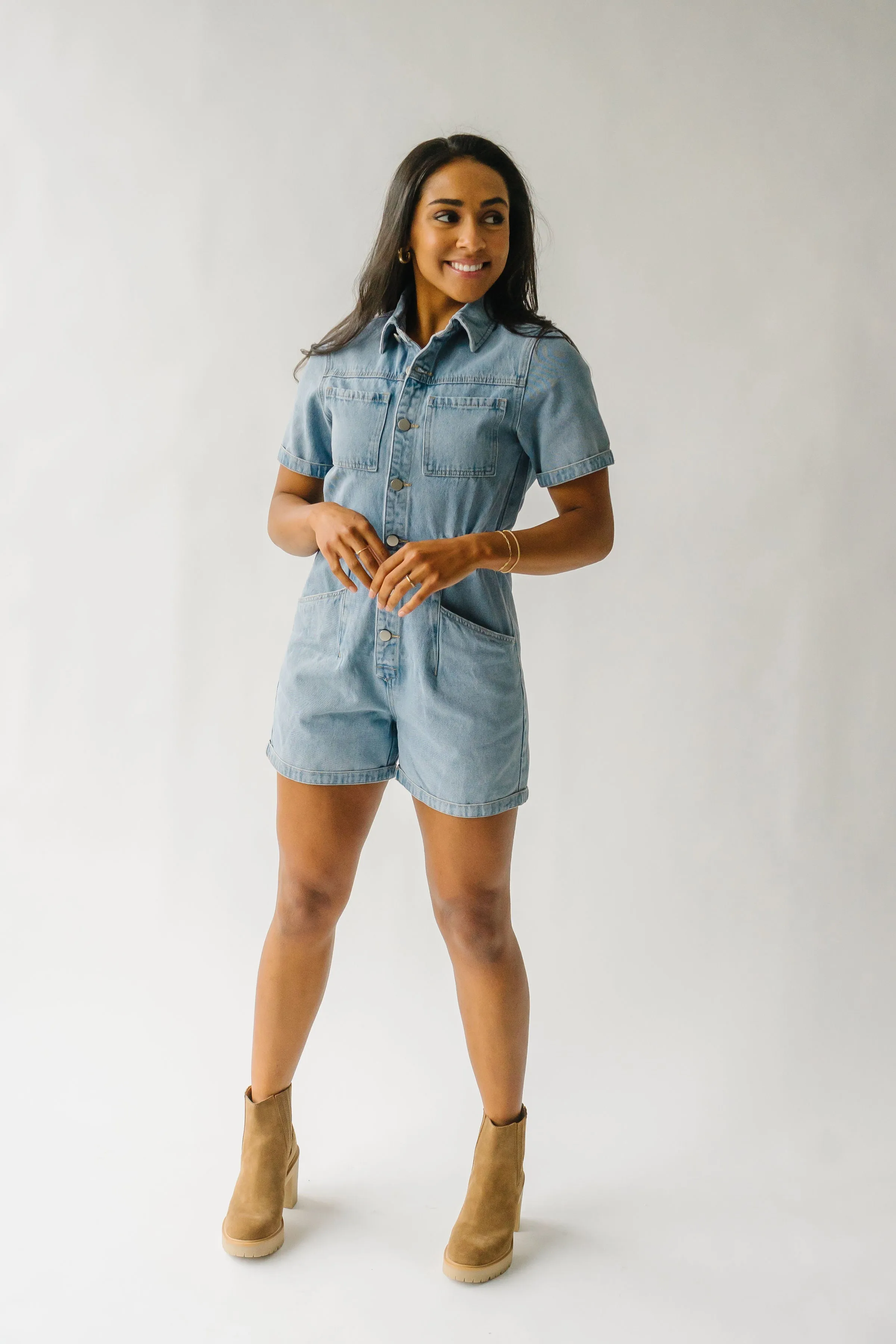 The Oxland Button Up Shorts Romper in Denim