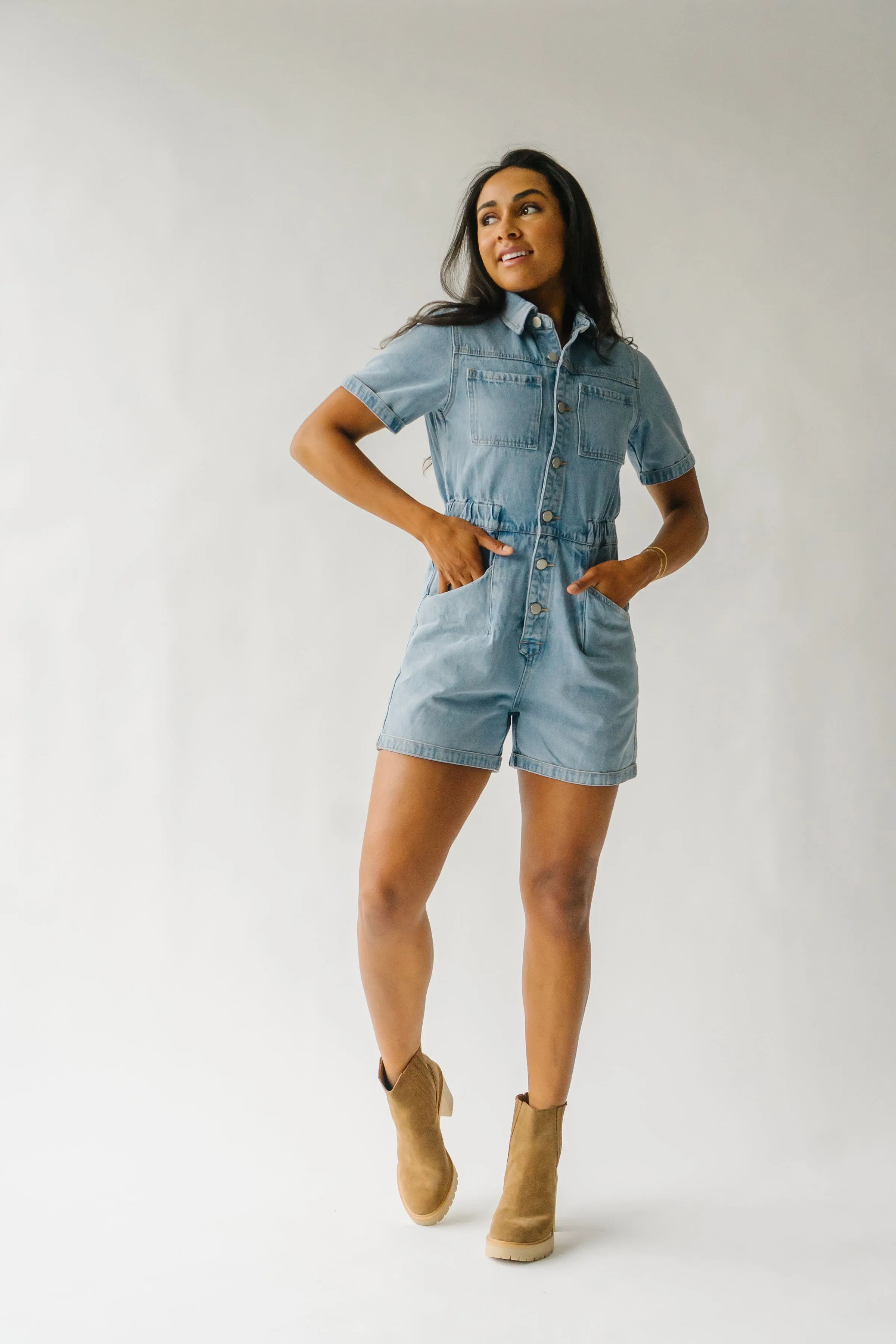 The Oxland Button Up Shorts Romper in Denim