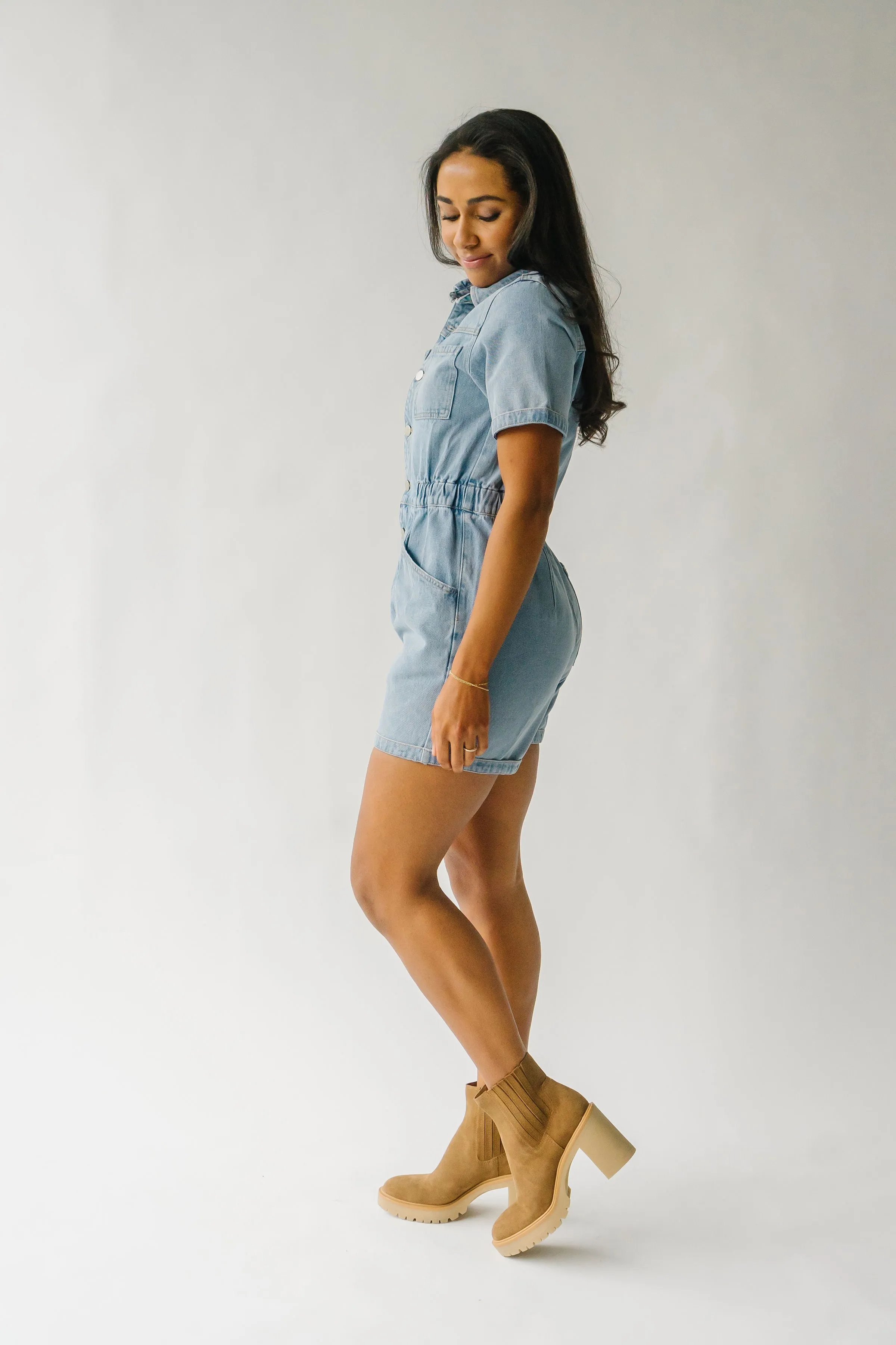 The Oxland Button Up Shorts Romper in Denim