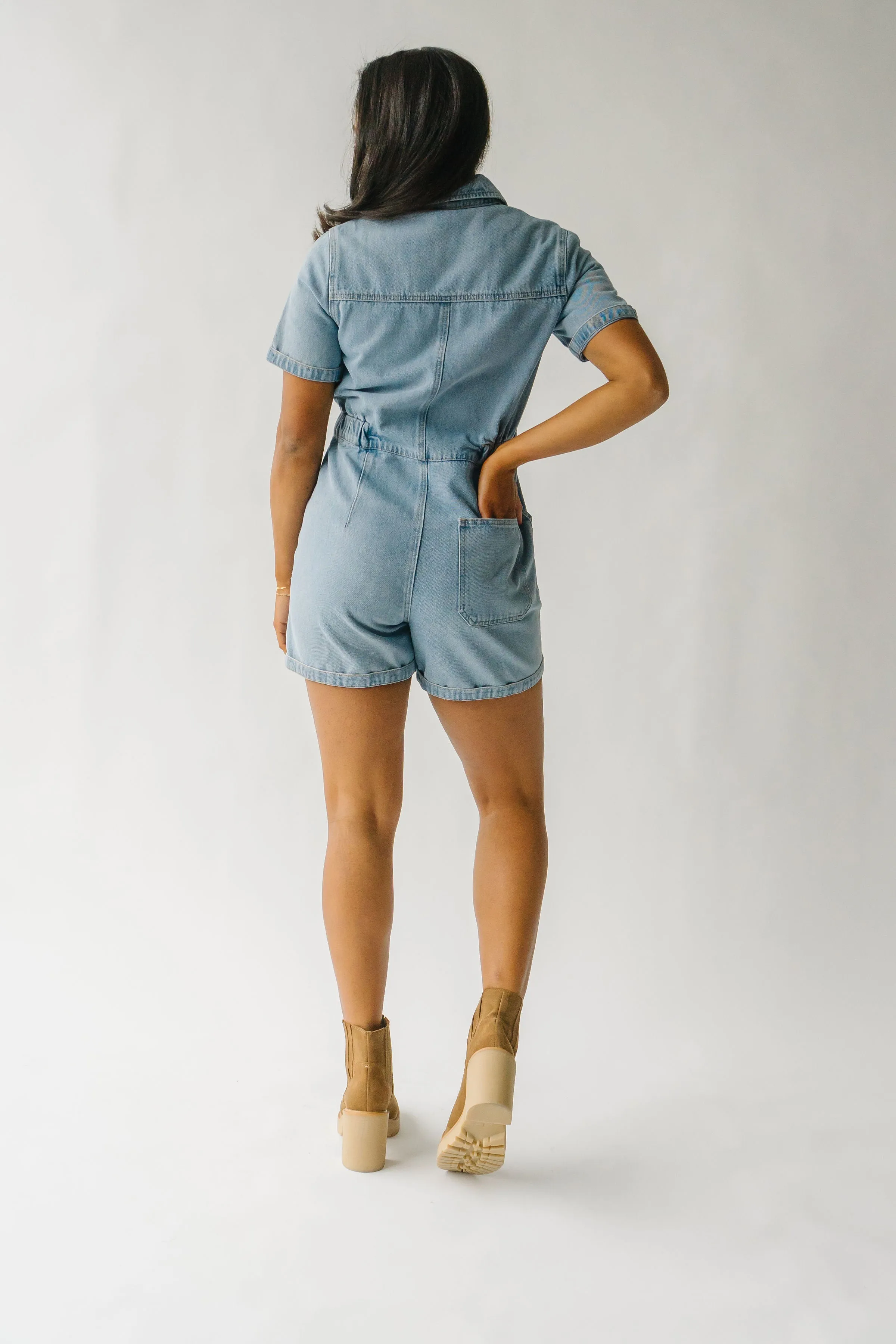 The Oxland Button Up Shorts Romper in Denim