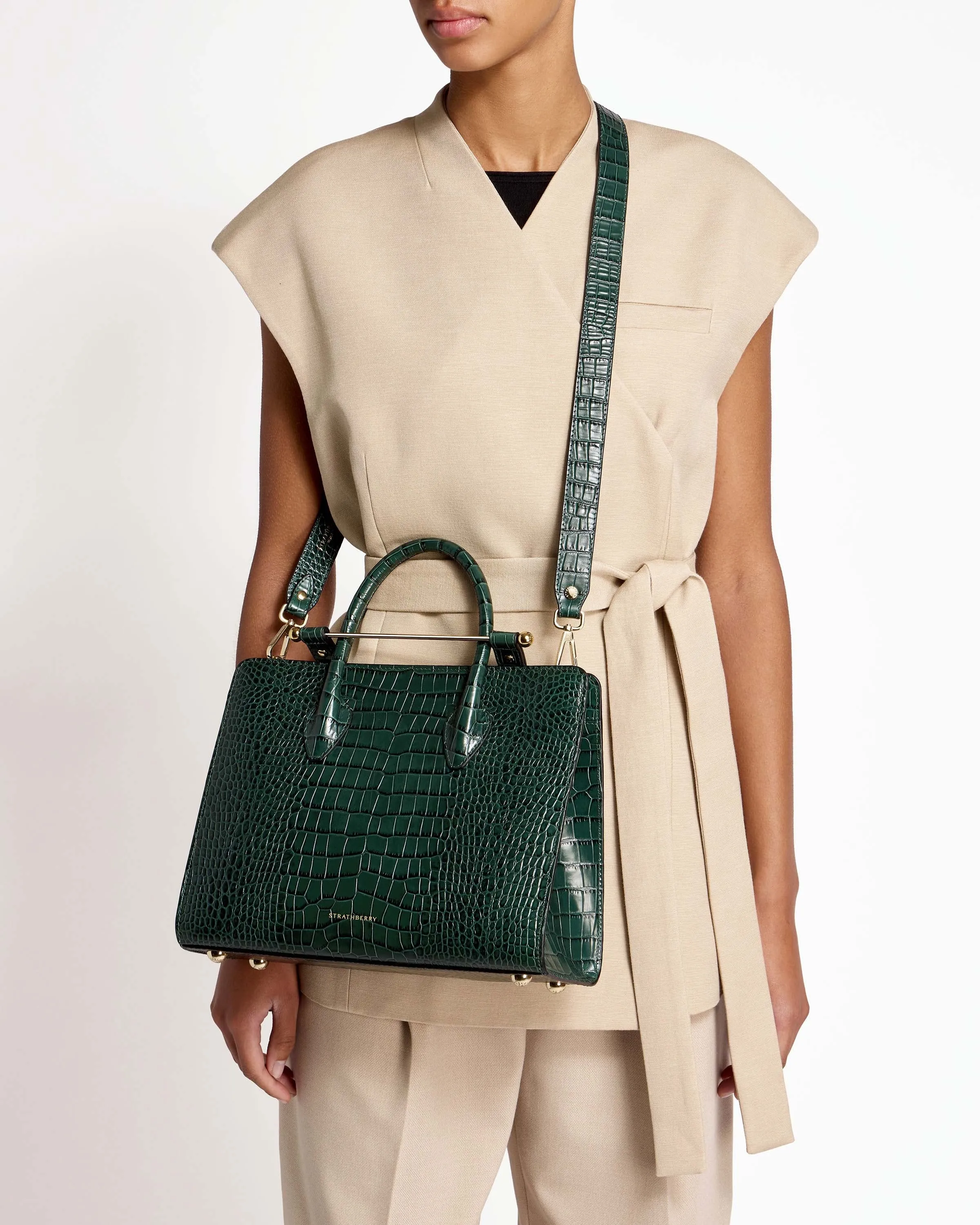 The Strathberry Midi Tote - Croc-Embossed Leather Bottle Green