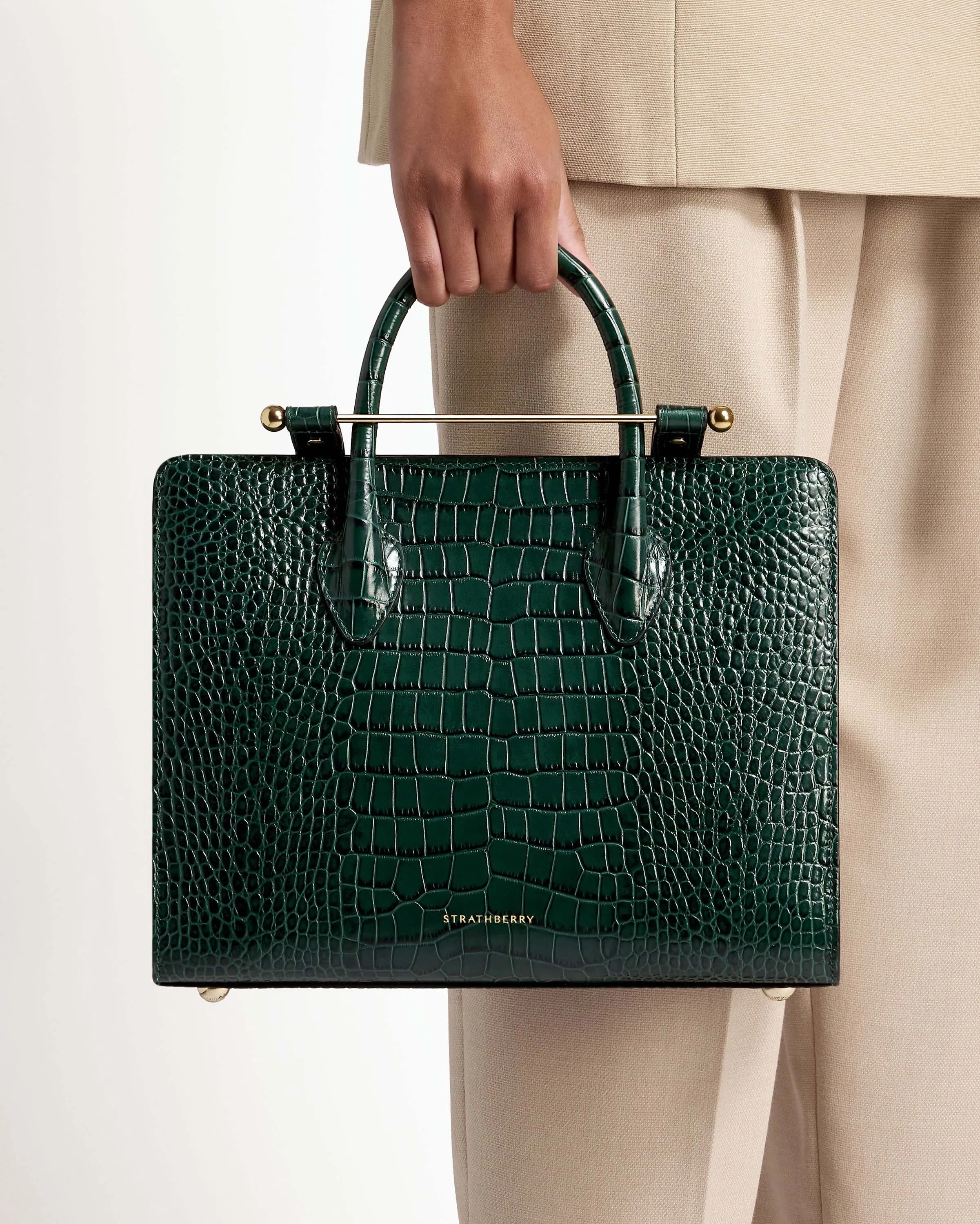 The Strathberry Midi Tote - Croc-Embossed Leather Bottle Green