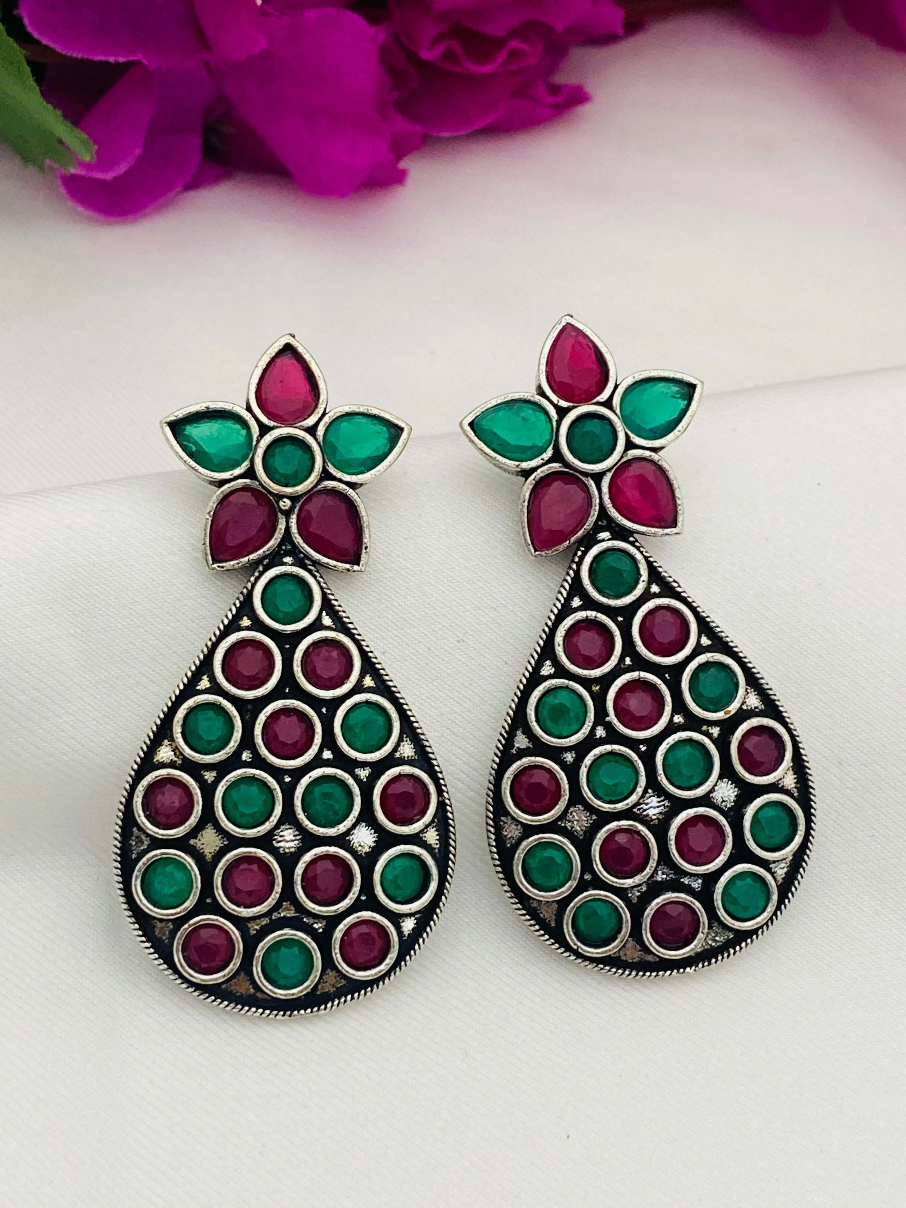 Trendy Emerald Ruby Stone  Oxidized German Silver Plated Ethnic Earrings