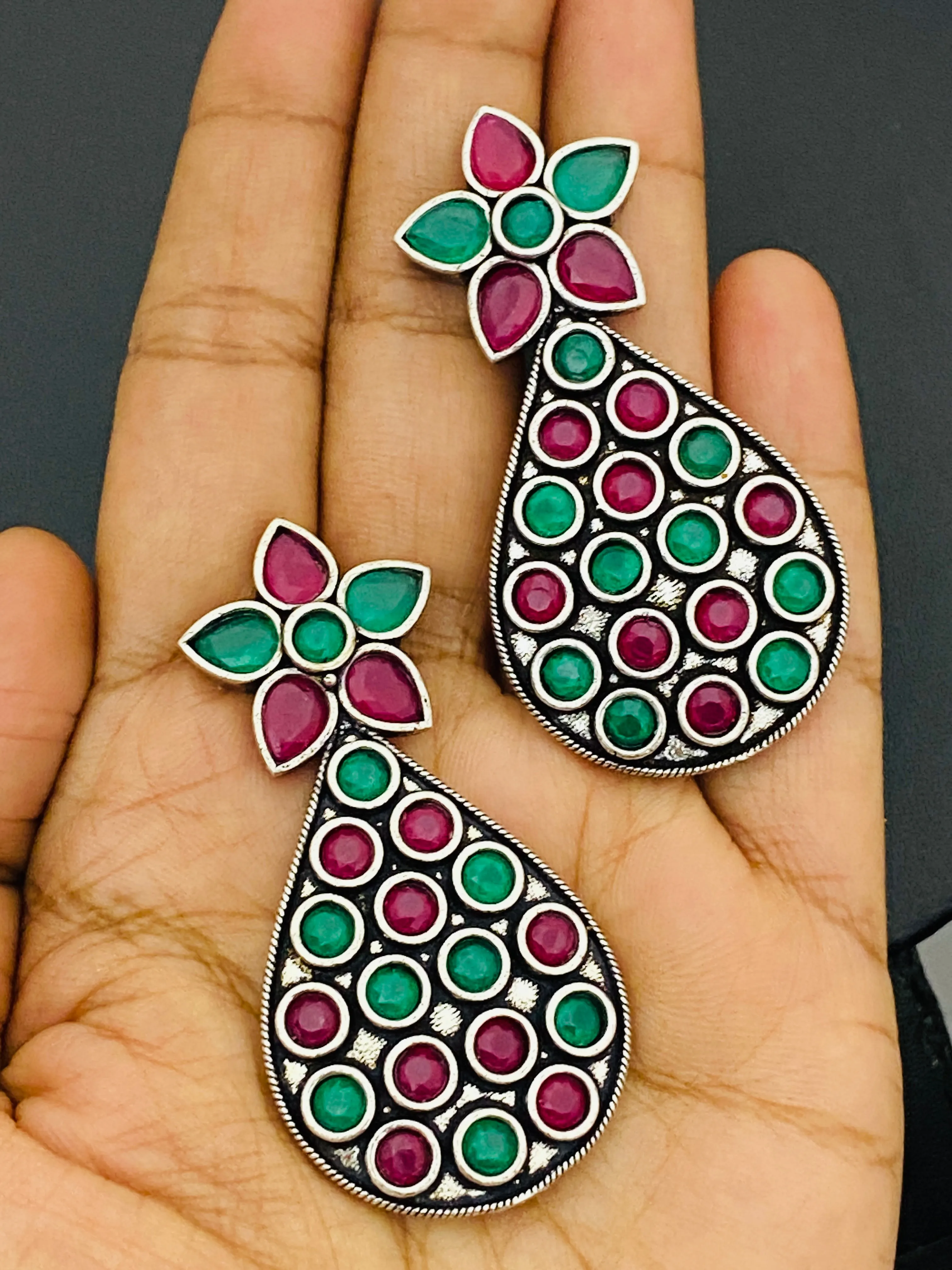 Trendy Emerald Ruby Stone  Oxidized German Silver Plated Ethnic Earrings