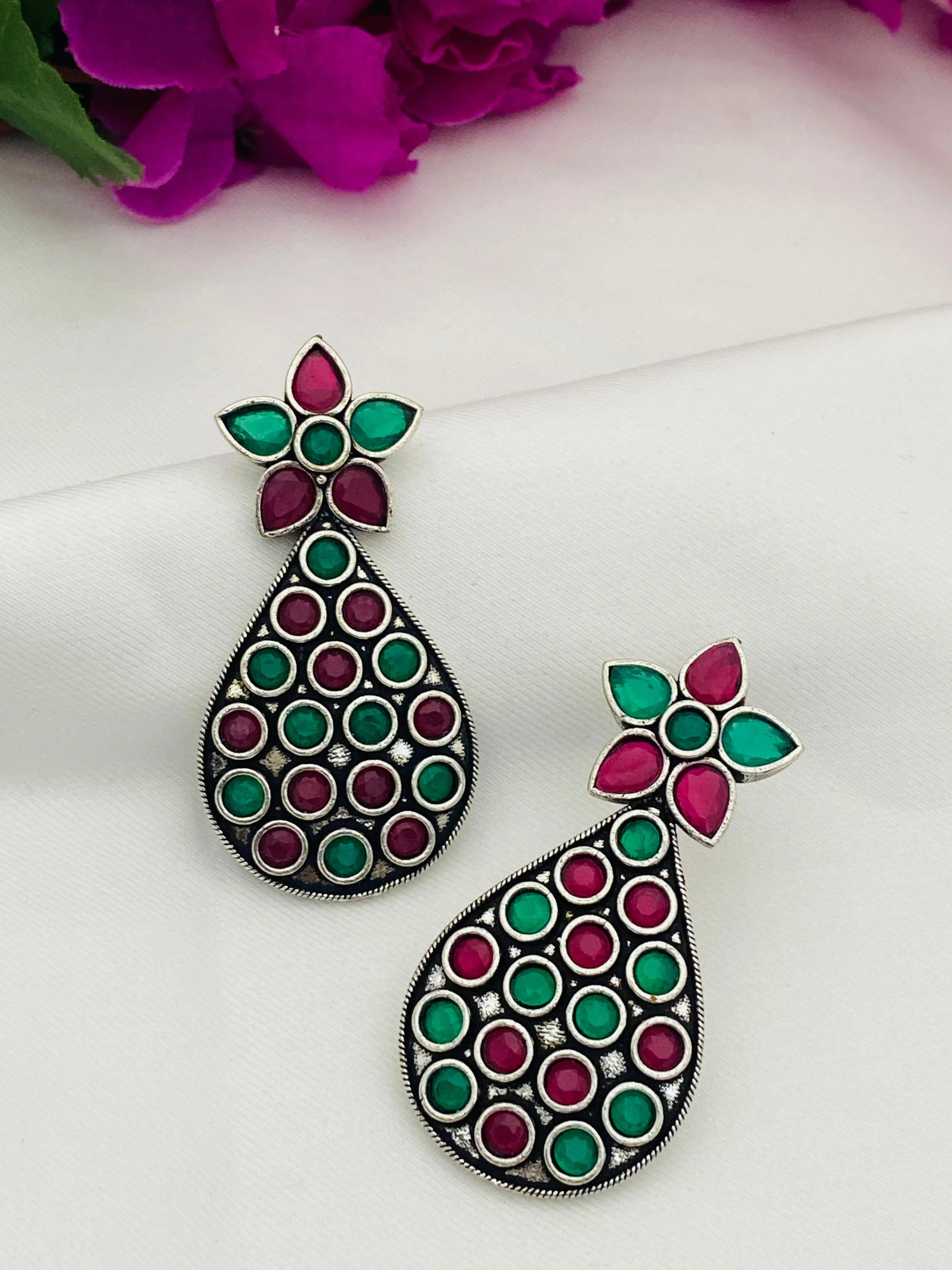 Trendy Emerald Ruby Stone  Oxidized German Silver Plated Ethnic Earrings