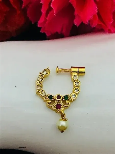 Trendy Gold Plated Nose Pin With Multi Stone