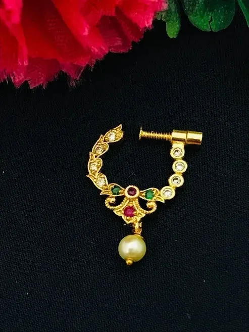 Trendy Gold Plated Nose Pin With Multi Stone