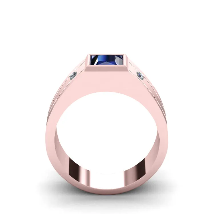 Unique Sapphire Ring Solid 14K Gold with 0.04ct Diamonds Wide Band Virgo Signet Ring