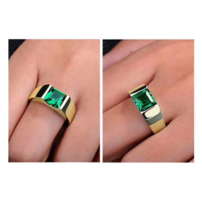 Wedding Band Ring for Him 1.80ct Square Green Emerald in Solid 10K Yellow Gold Taurus Gift