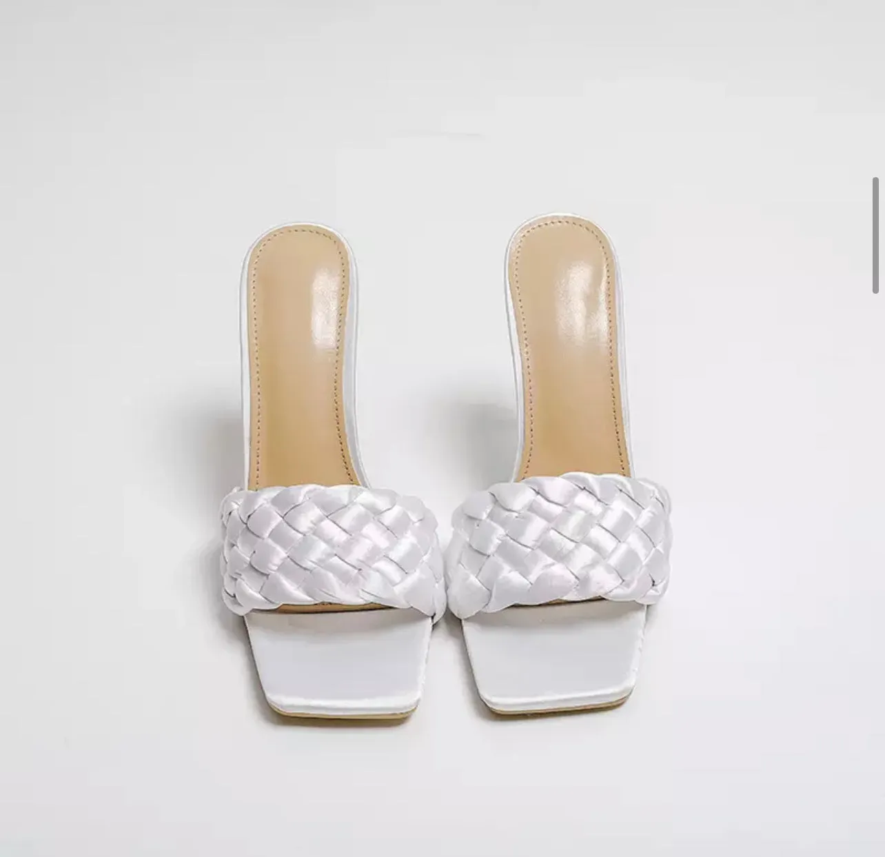 WHITE SATIN BRAIDED SQUARE TOE HIGH HEEL SANDALS