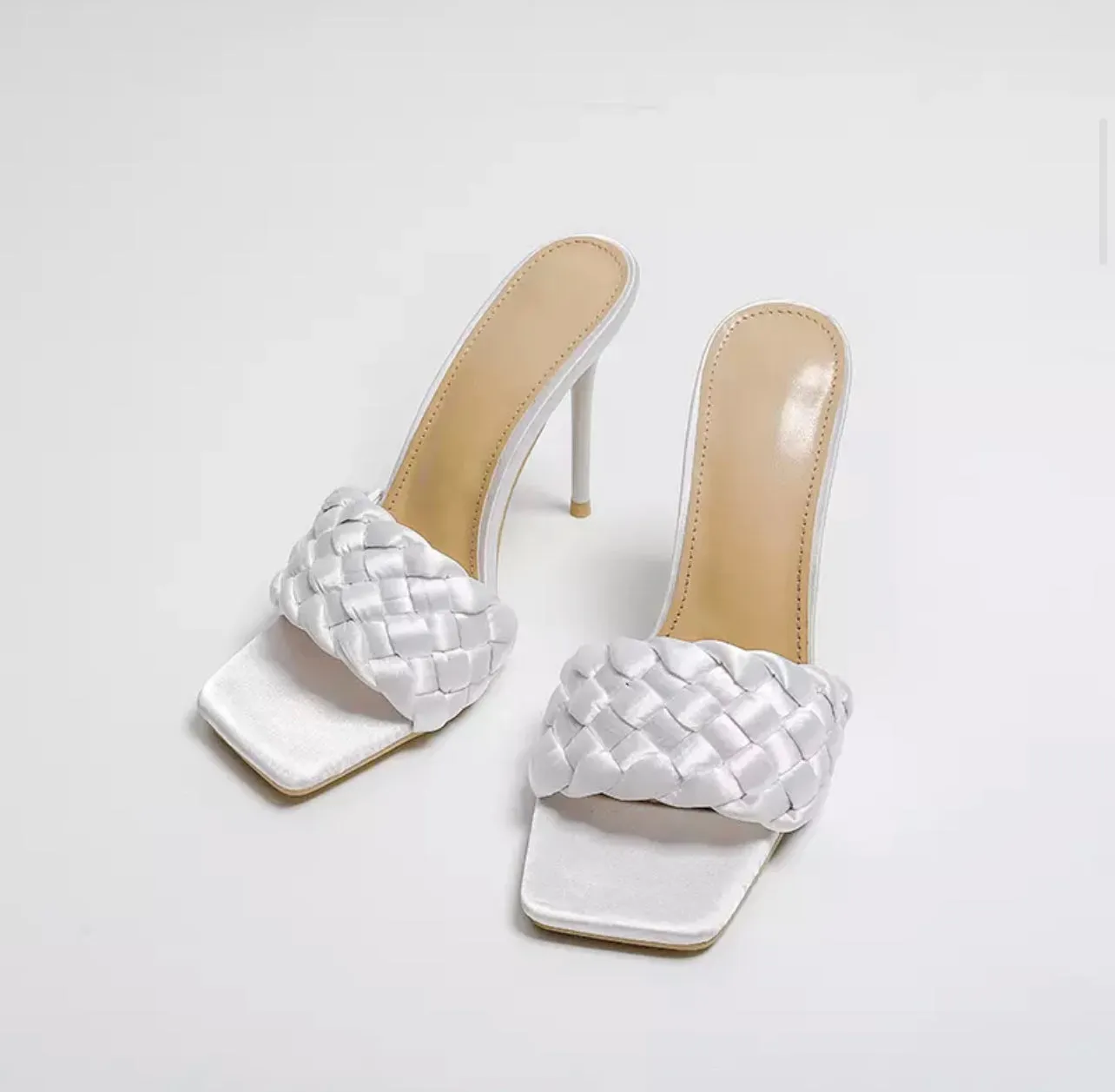 WHITE SATIN BRAIDED SQUARE TOE HIGH HEEL SANDALS