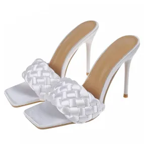 WHITE SATIN BRAIDED SQUARE TOE HIGH HEEL SANDALS