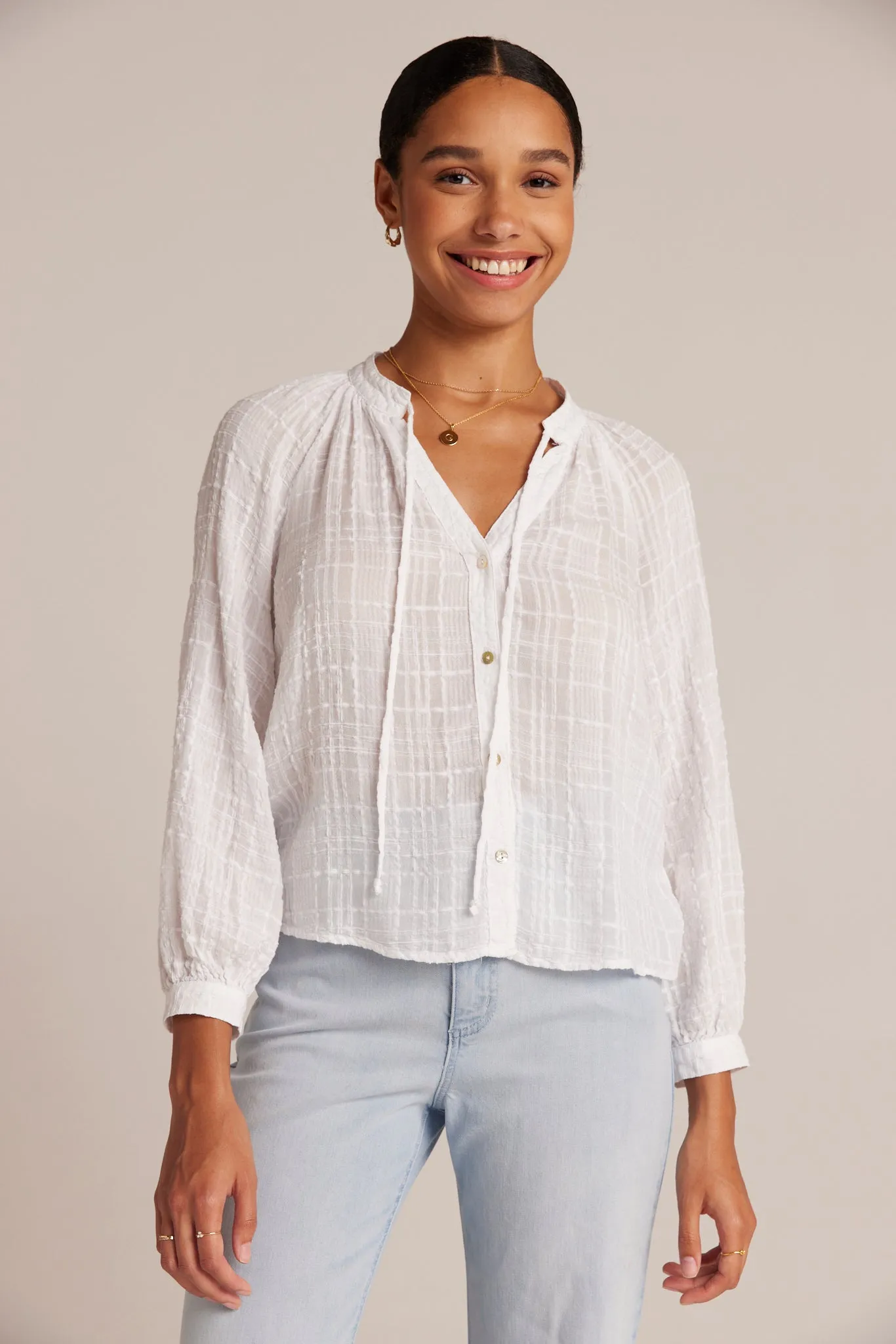 Woven Plaid Raglan Blouse - White