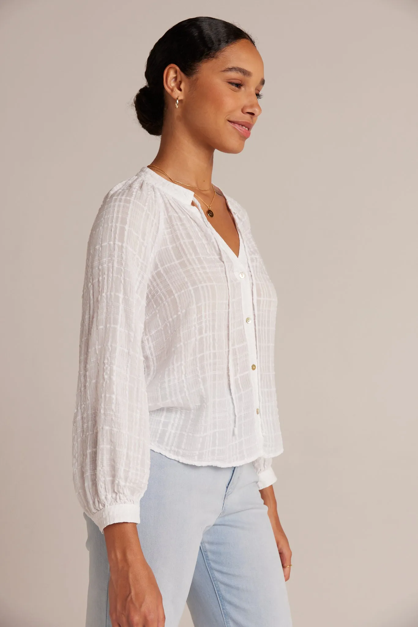 Woven Plaid Raglan Blouse - White